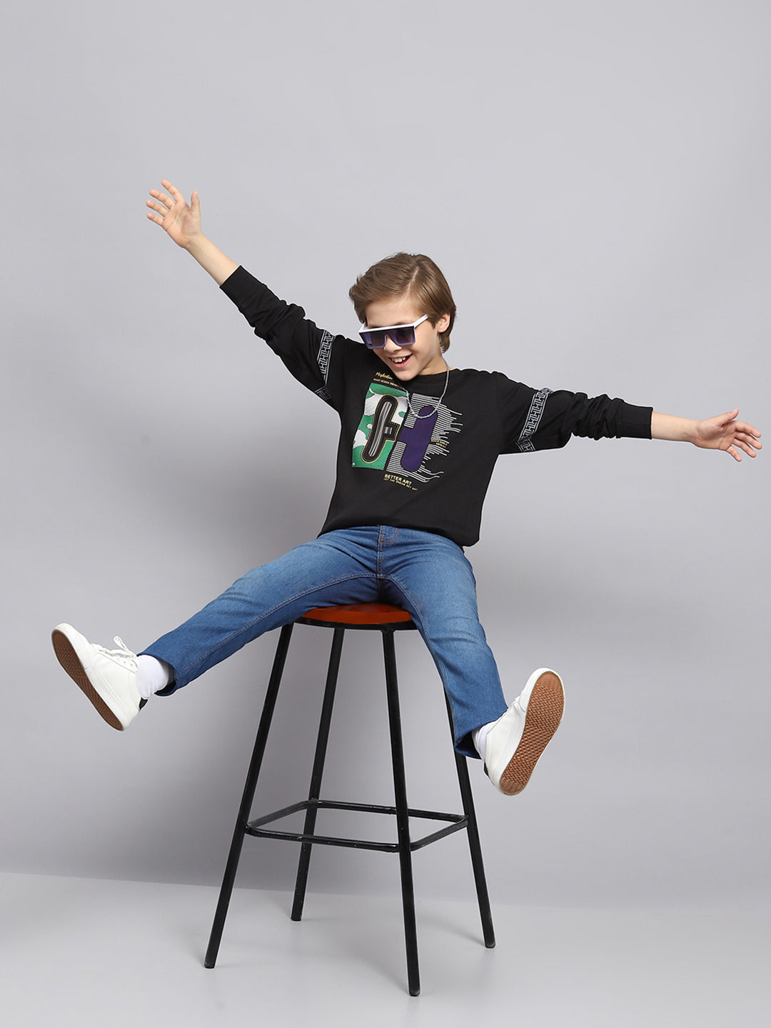 Boys Black Printed Round Neck Full Sleeve T-Shirt