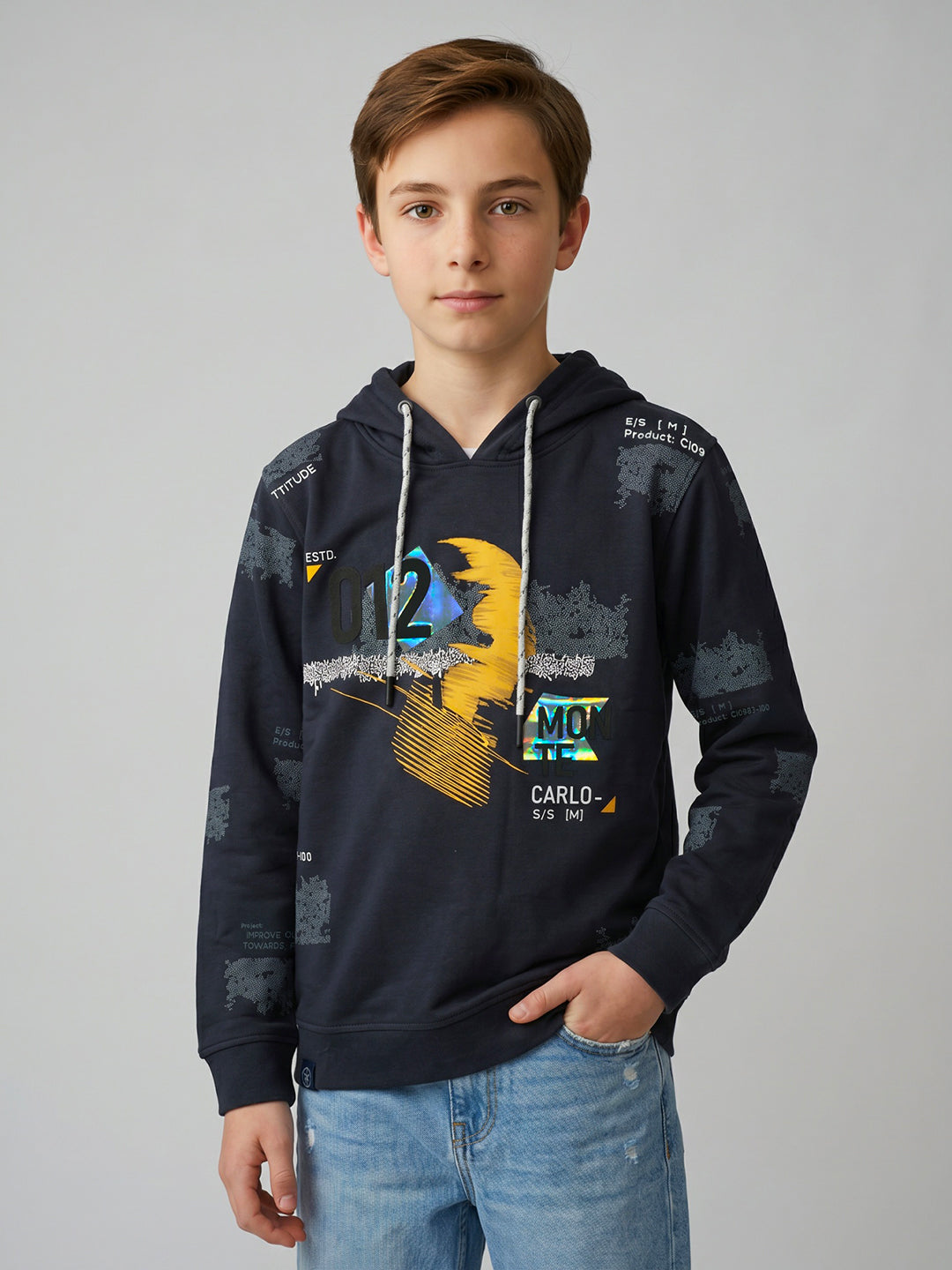 Boys Navy Blue Printed Hooded Full Sleeve Sweatshirt