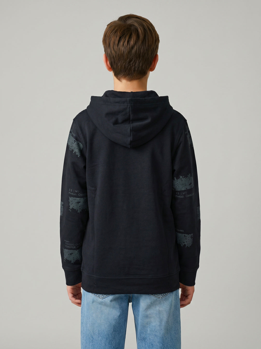 Boys Navy Blue Printed Hooded Full Sleeve Sweatshirt