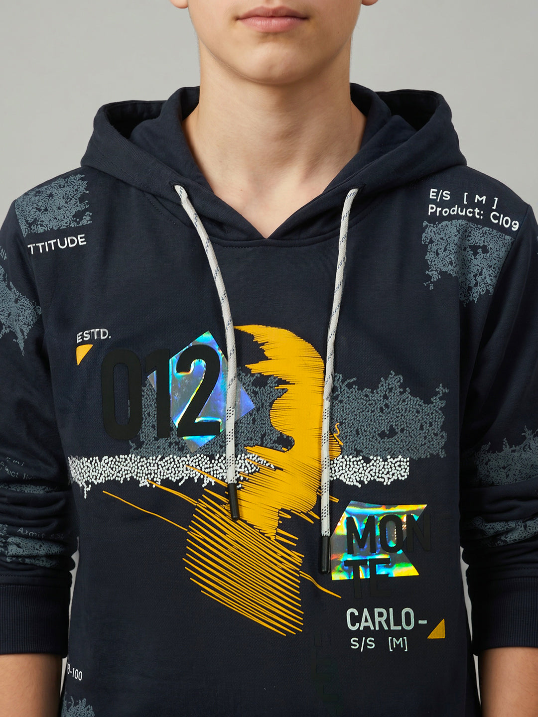 Boys Navy Blue Printed Hooded Full Sleeve Sweatshirt