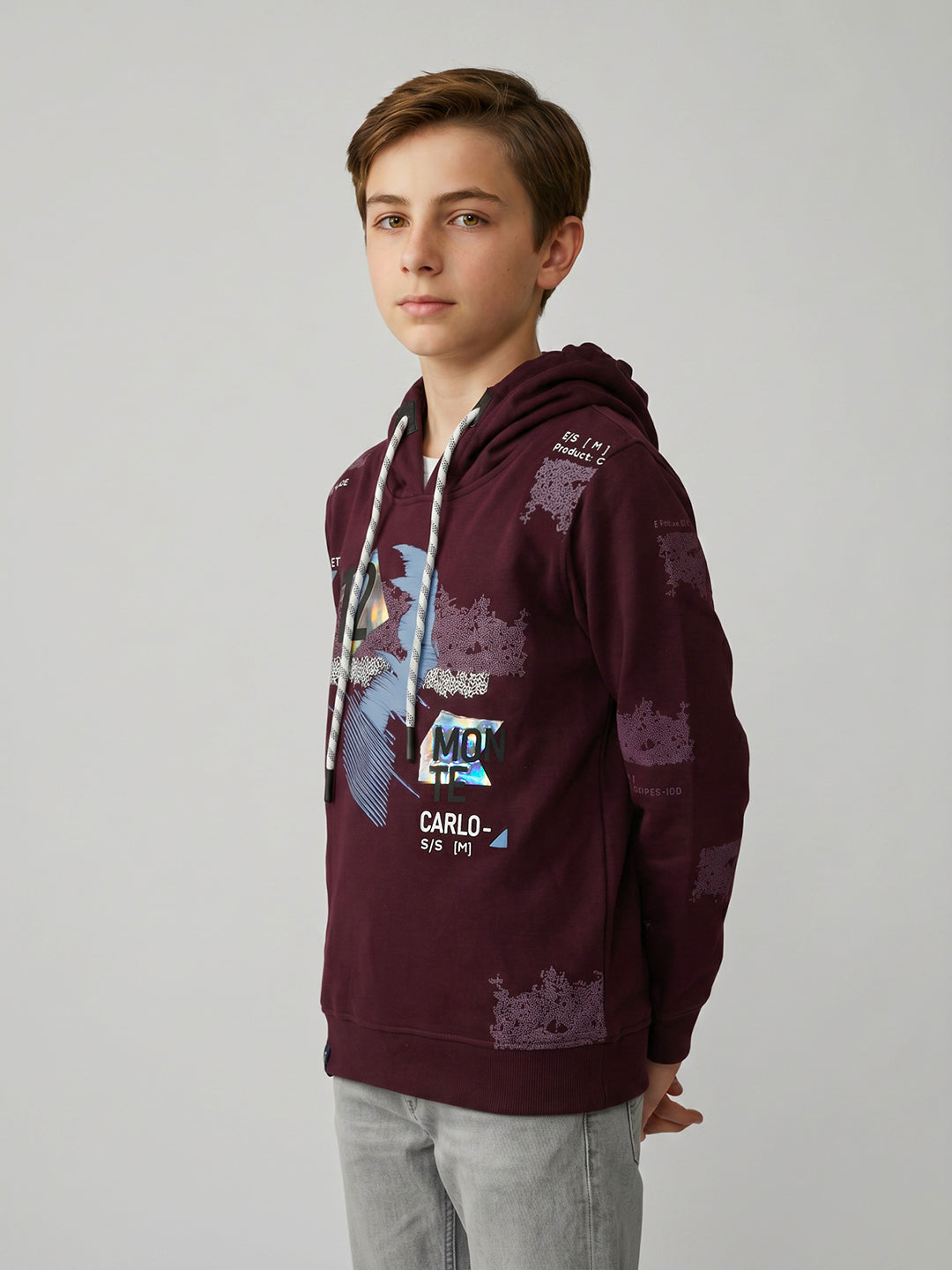 Boys Maroon Printed Hooded Full Sleeve Sweatshirt