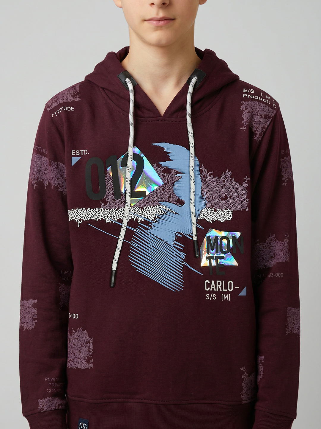 Boys Maroon Printed Hooded Full Sleeve Sweatshirt