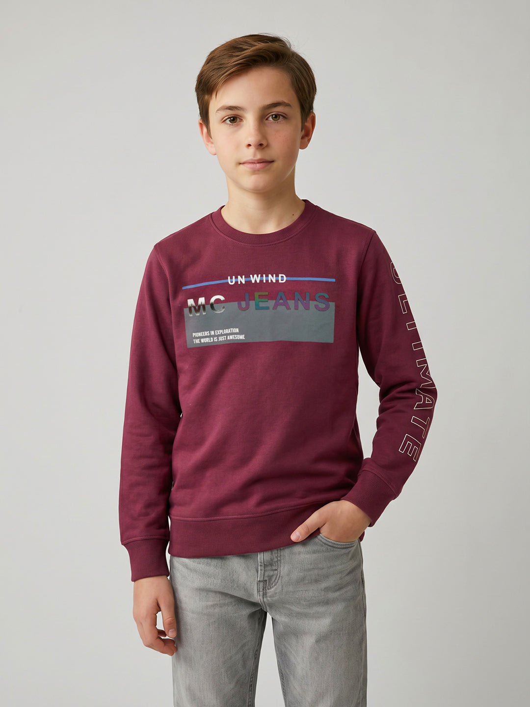 Boys Maroon Printed Round Neck Full Sleeve Sweatshirt