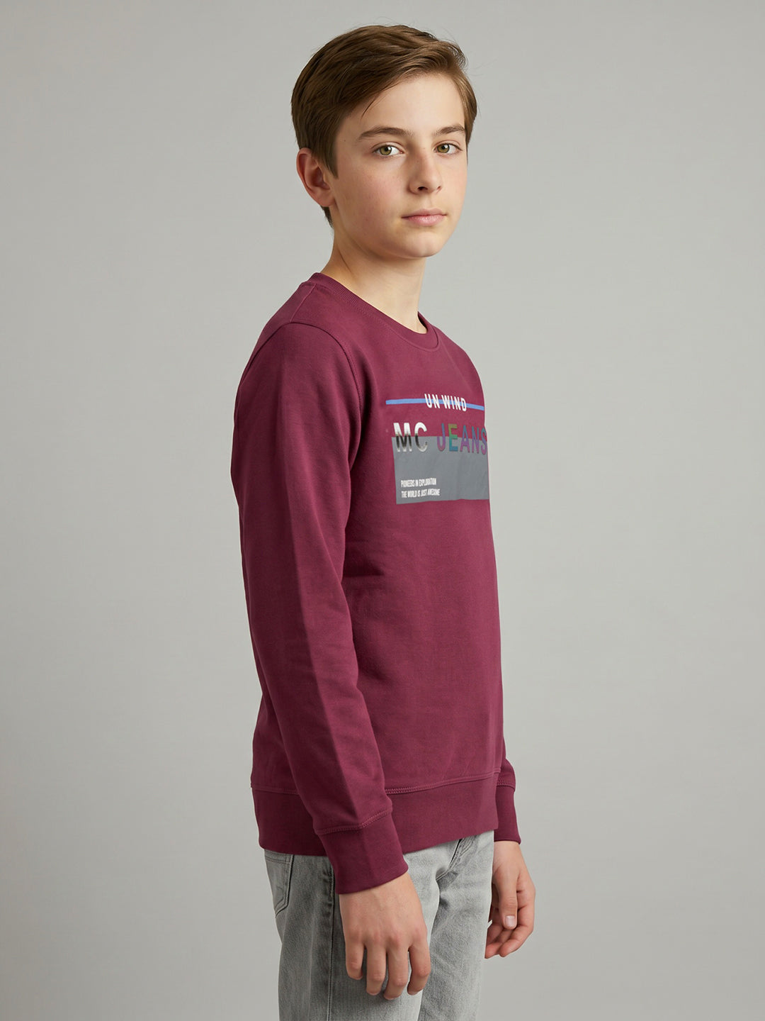 Boys Maroon Printed Round Neck Full Sleeve Sweatshirt
