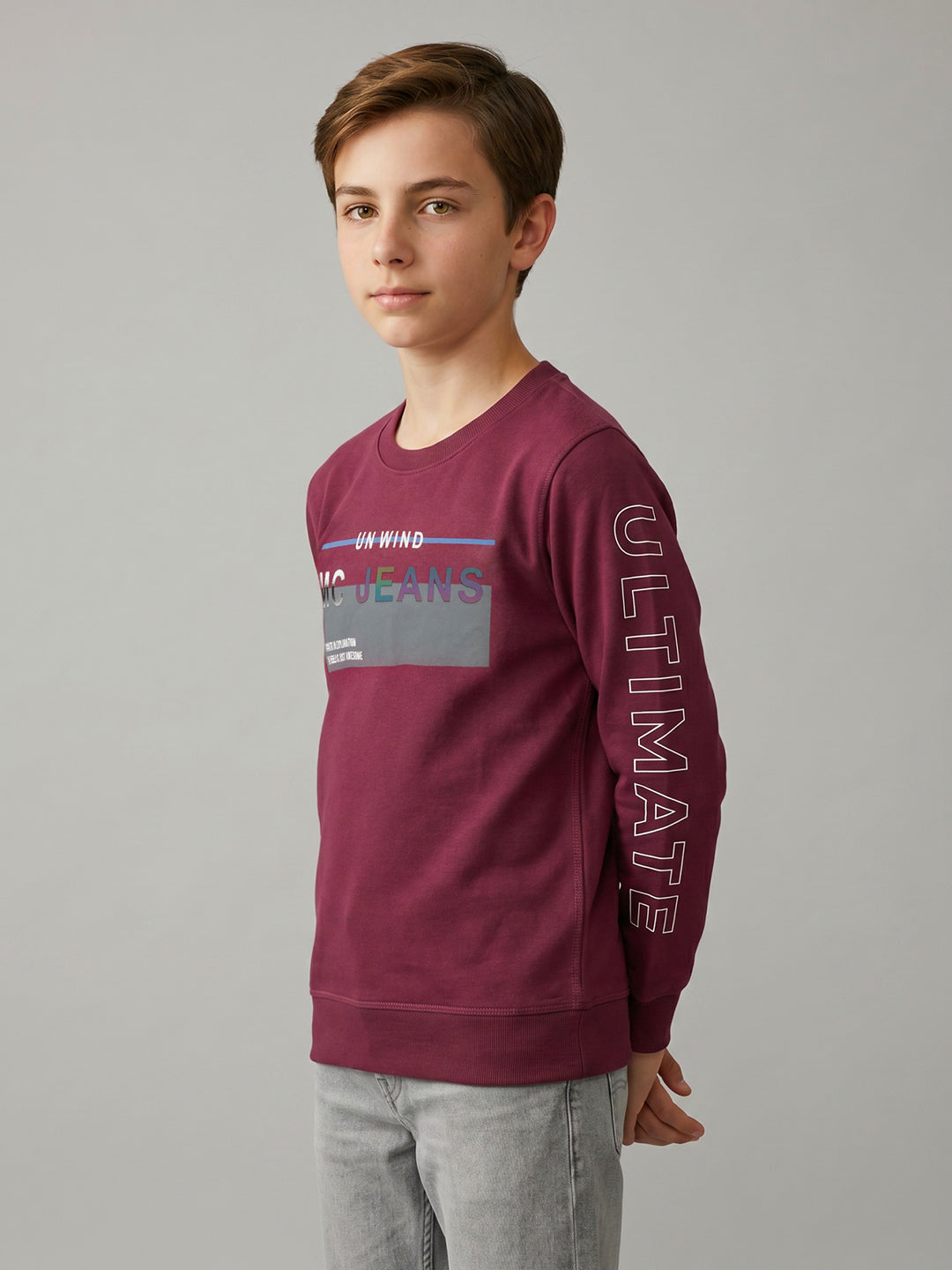 Boys Maroon Printed Round Neck Full Sleeve Sweatshirt