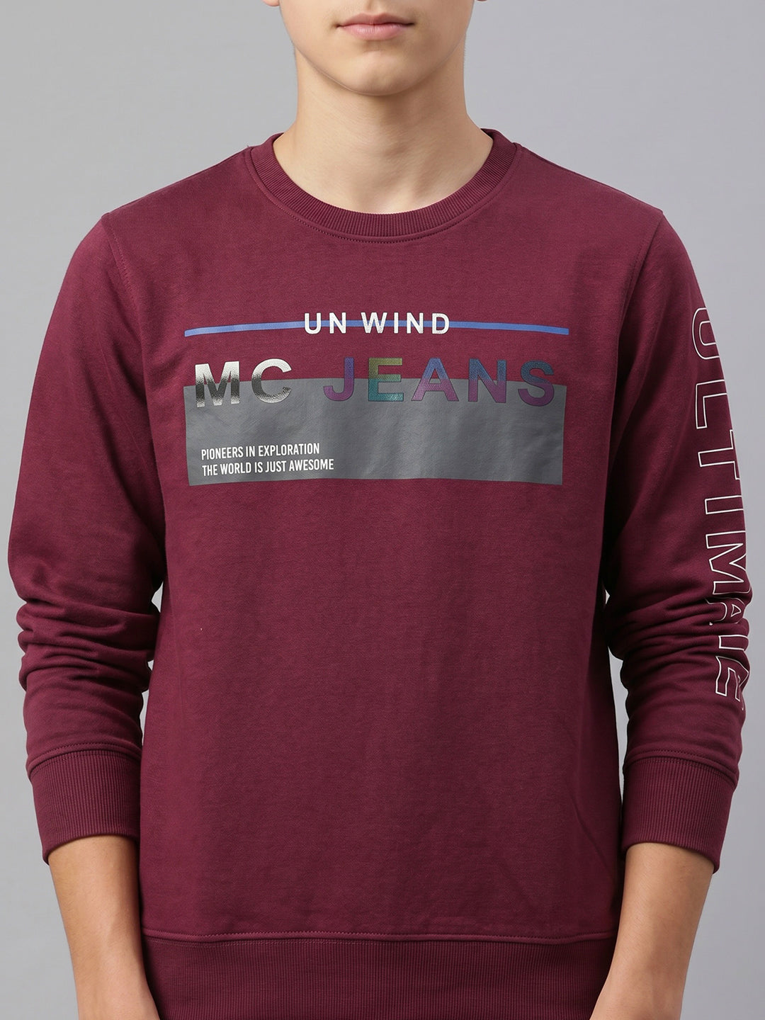Boys Maroon Printed Round Neck Full Sleeve Sweatshirt