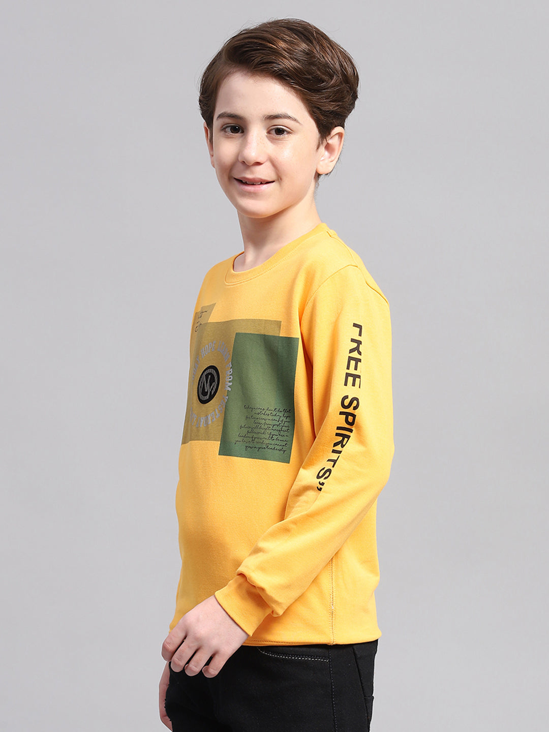 Boys Yellow Printed Round Neck Full Sleeve Sweatshirt