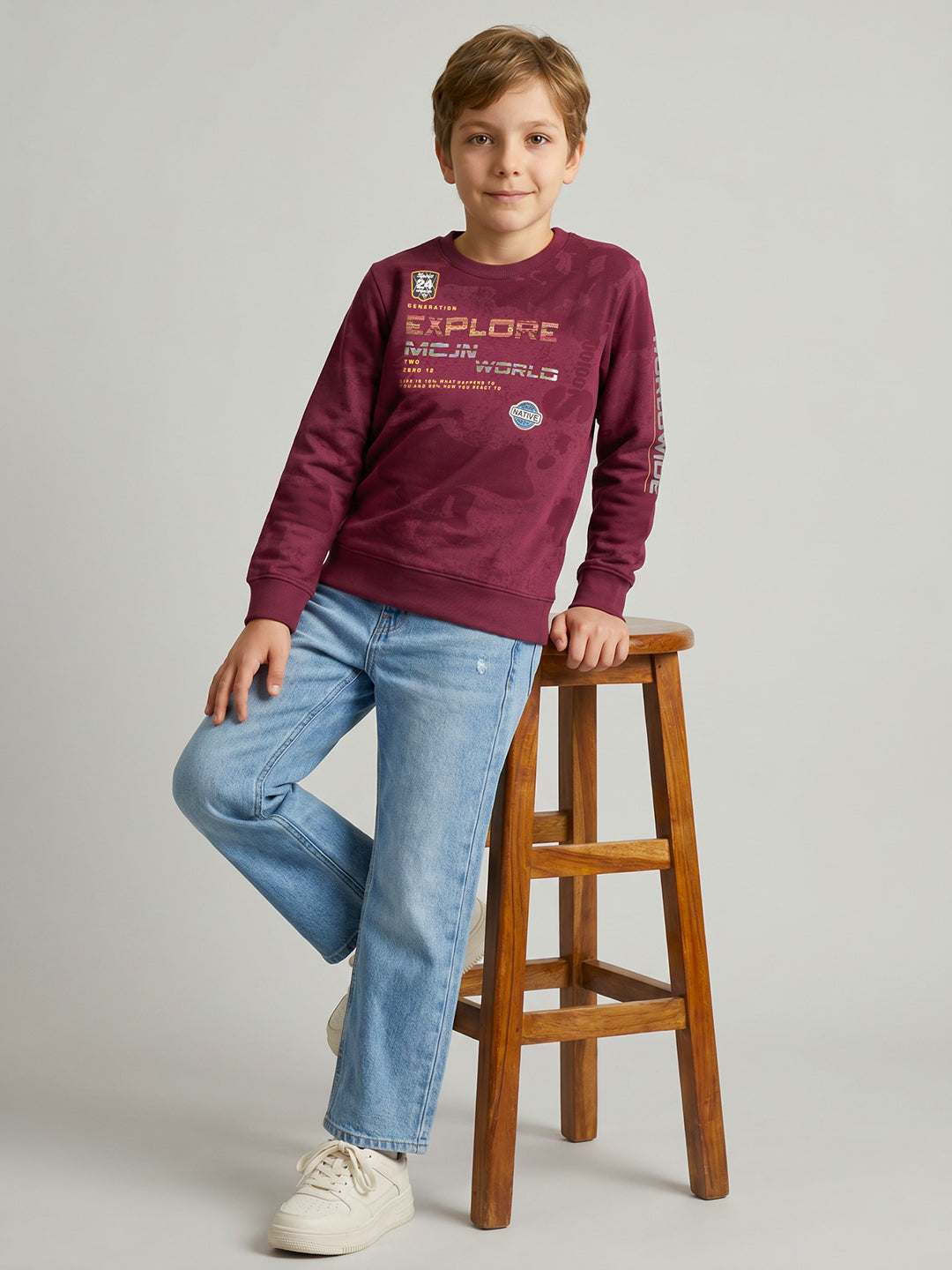Boys Maroon Printed Round Neck Full Sleeve Sweatshirt