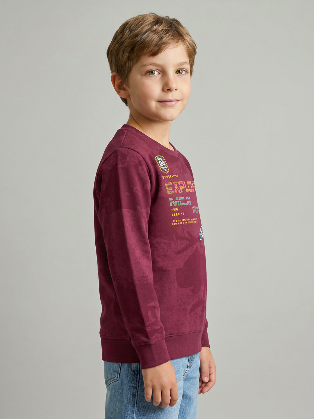 Boys Maroon Printed Round Neck Full Sleeve Sweatshirt