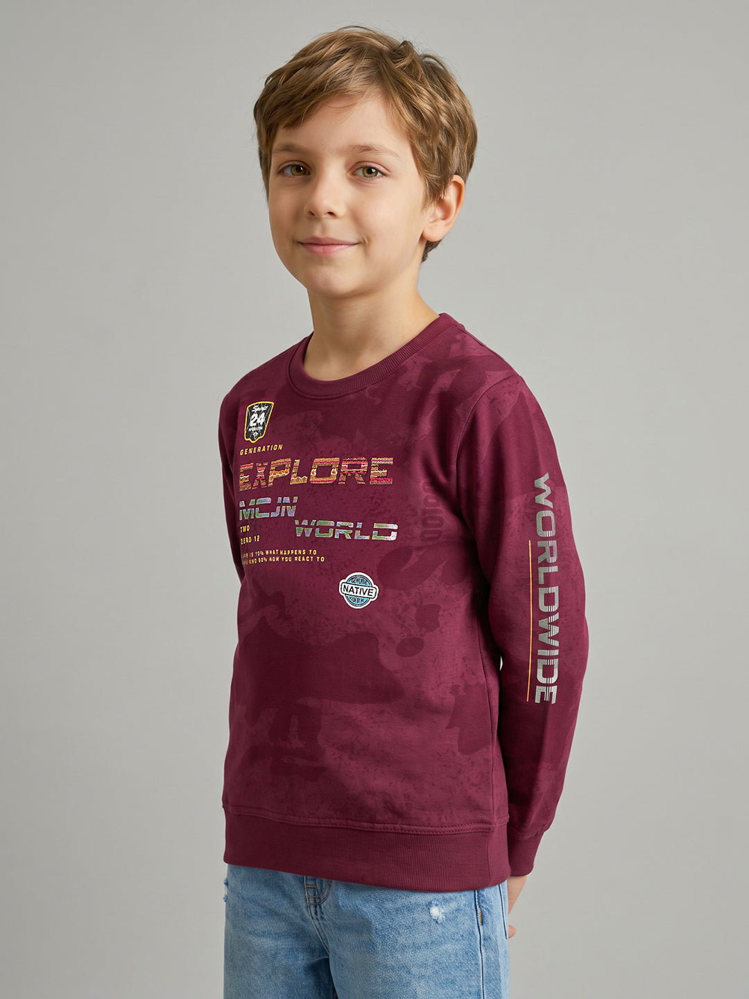 Boys Maroon Printed Round Neck Full Sleeve Sweatshirt