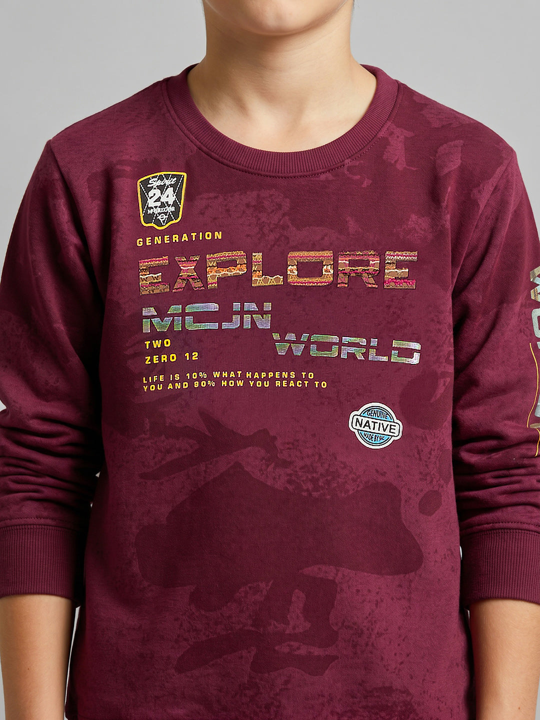 Boys Maroon Printed Round Neck Full Sleeve Sweatshirt