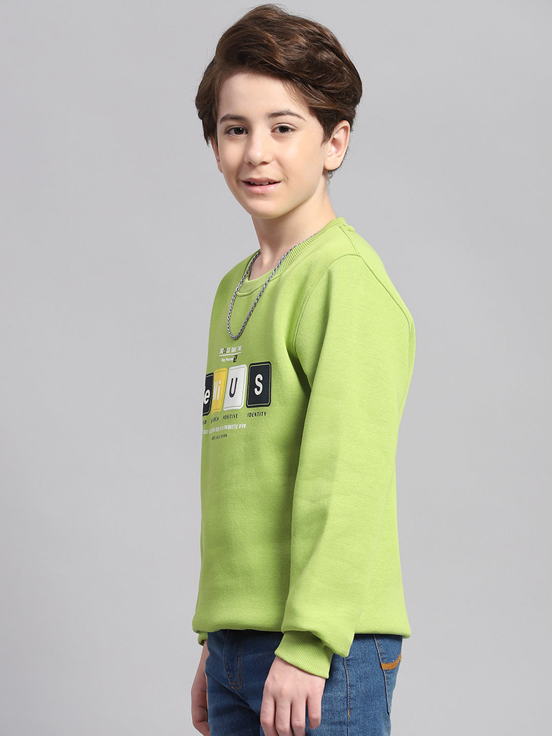 Boys Green Printed Round Neck Full Sleeve Sweatshirt