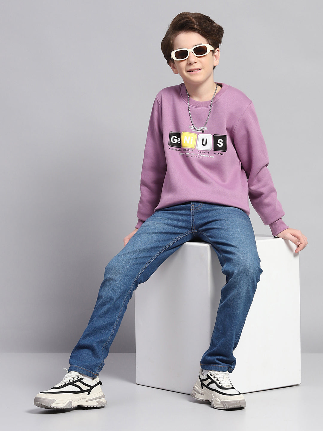 Boys Mauve Printed Round Neck Full Sleeve Sweatshirt
