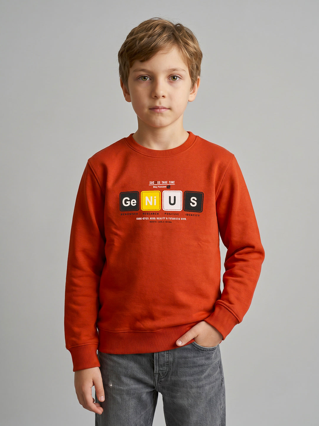 Boys Rust Printed Round Neck Full Sleeve Sweatshirt