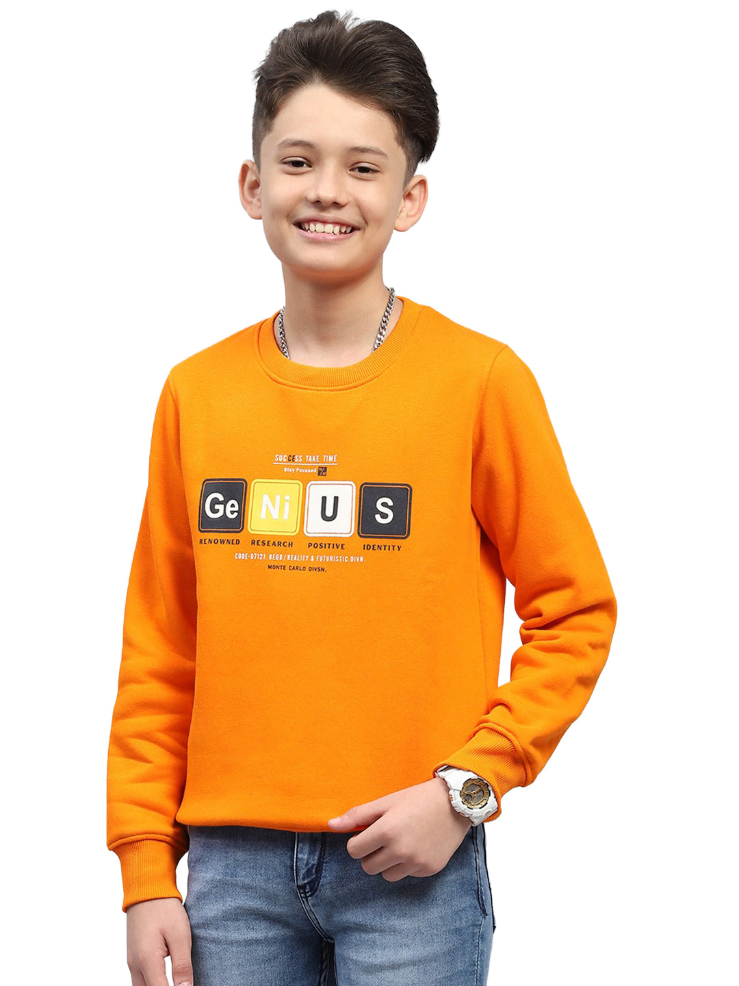 Boys Orange Printed Round Neck Full Sleeve Sweatshirt