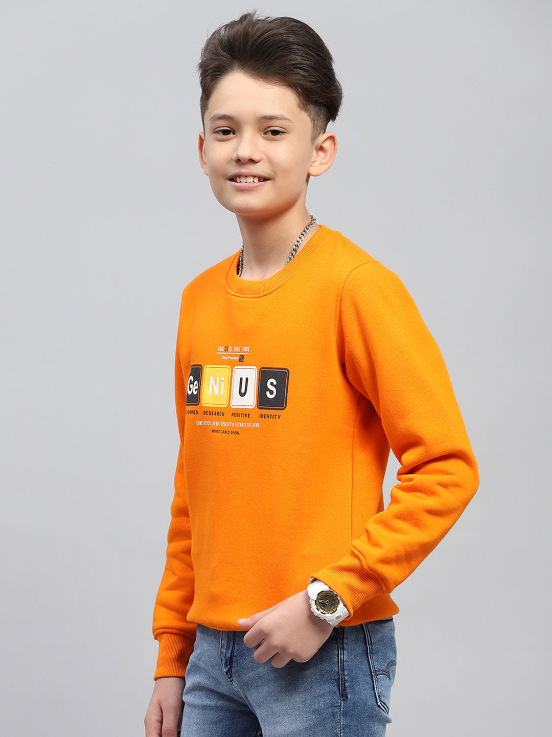 Boys Orange Printed Round Neck Full Sleeve Sweatshirt