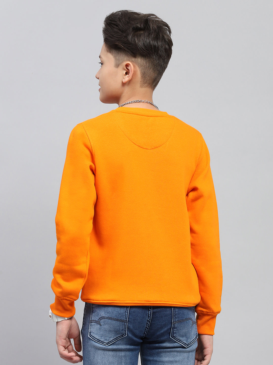 Boys Orange Printed Round Neck Full Sleeve Sweatshirt