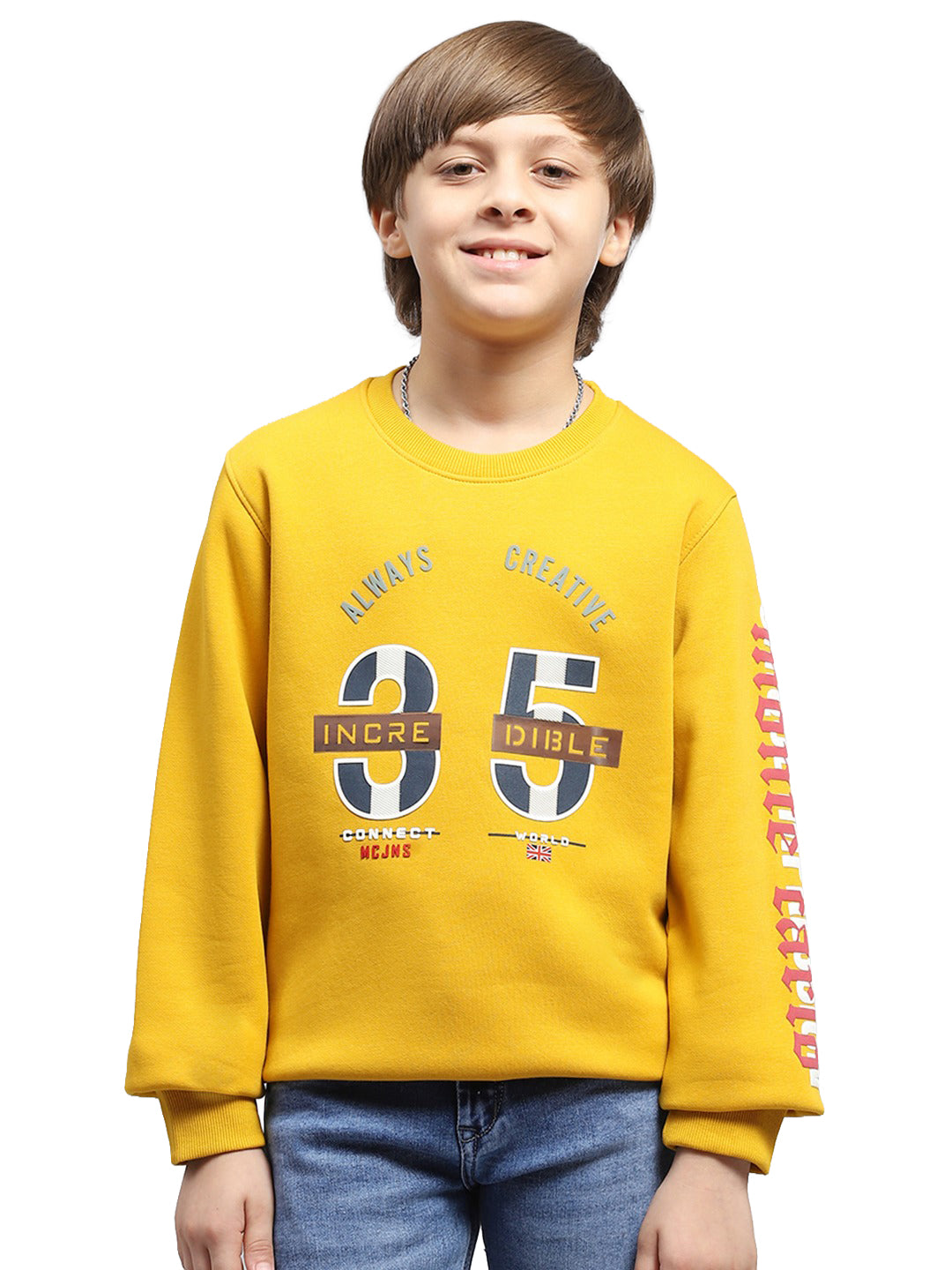 Boys Mustard Printed Round Neck Full Sleeve Sweatshirt