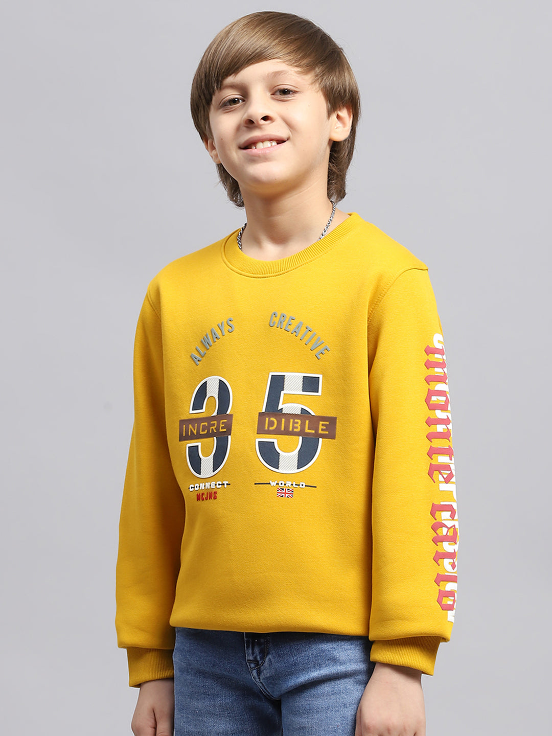 Boys Mustard Printed Round Neck Full Sleeve Sweatshirt