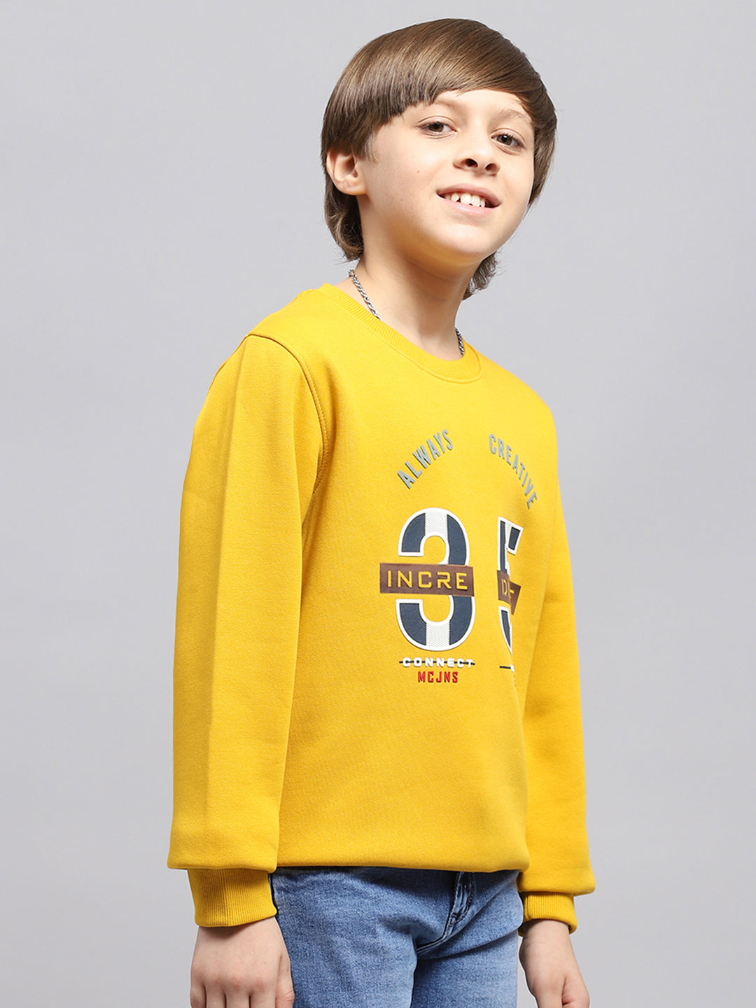 Boys Mustard Printed Round Neck Full Sleeve Sweatshirt