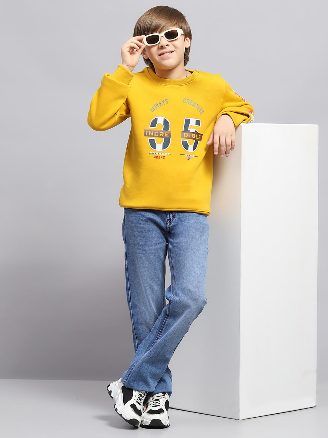 Boys Mustard Printed Round Neck Full Sleeve Sweatshirt