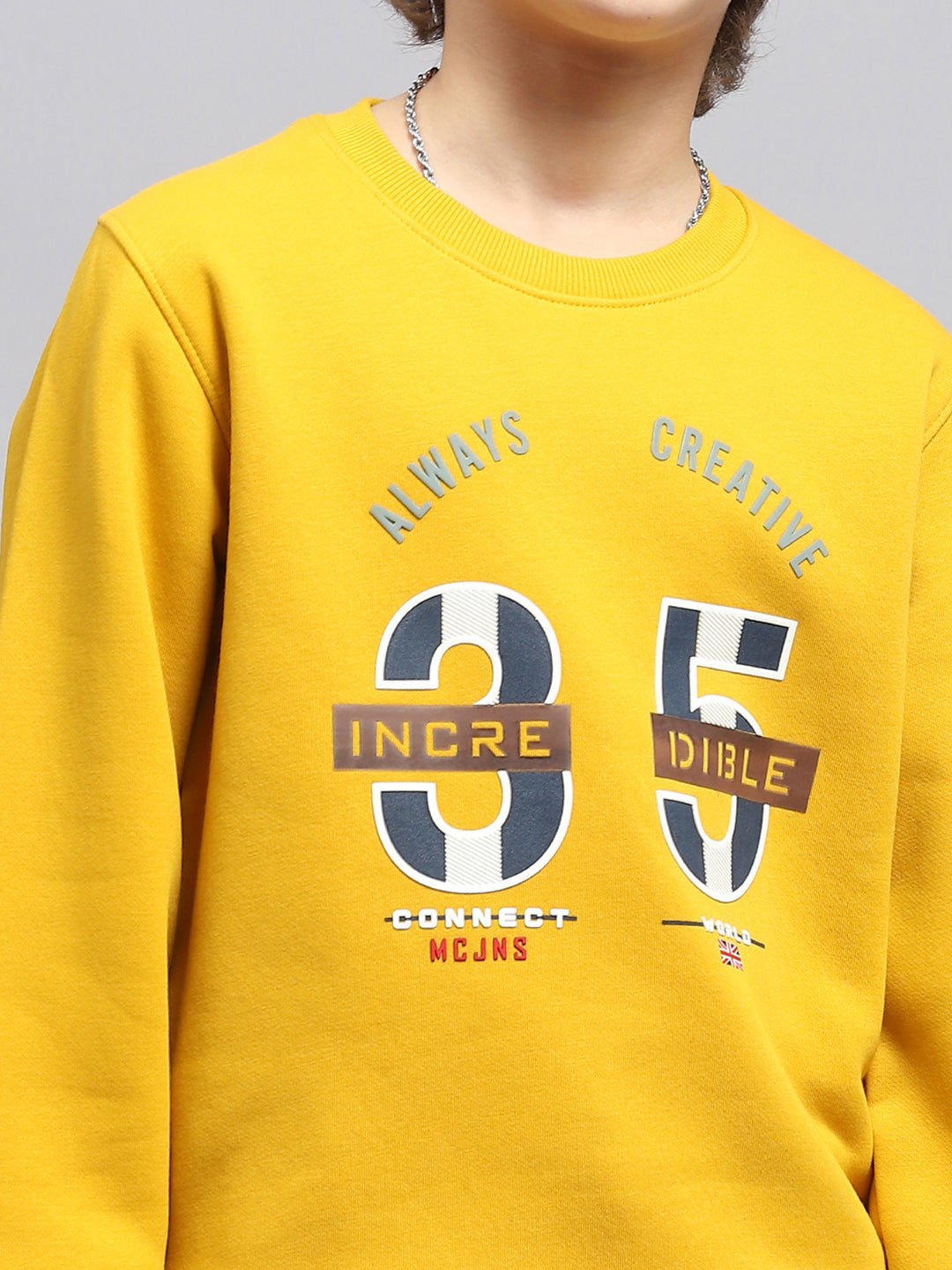 Boys Mustard Printed Round Neck Full Sleeve Sweatshirt