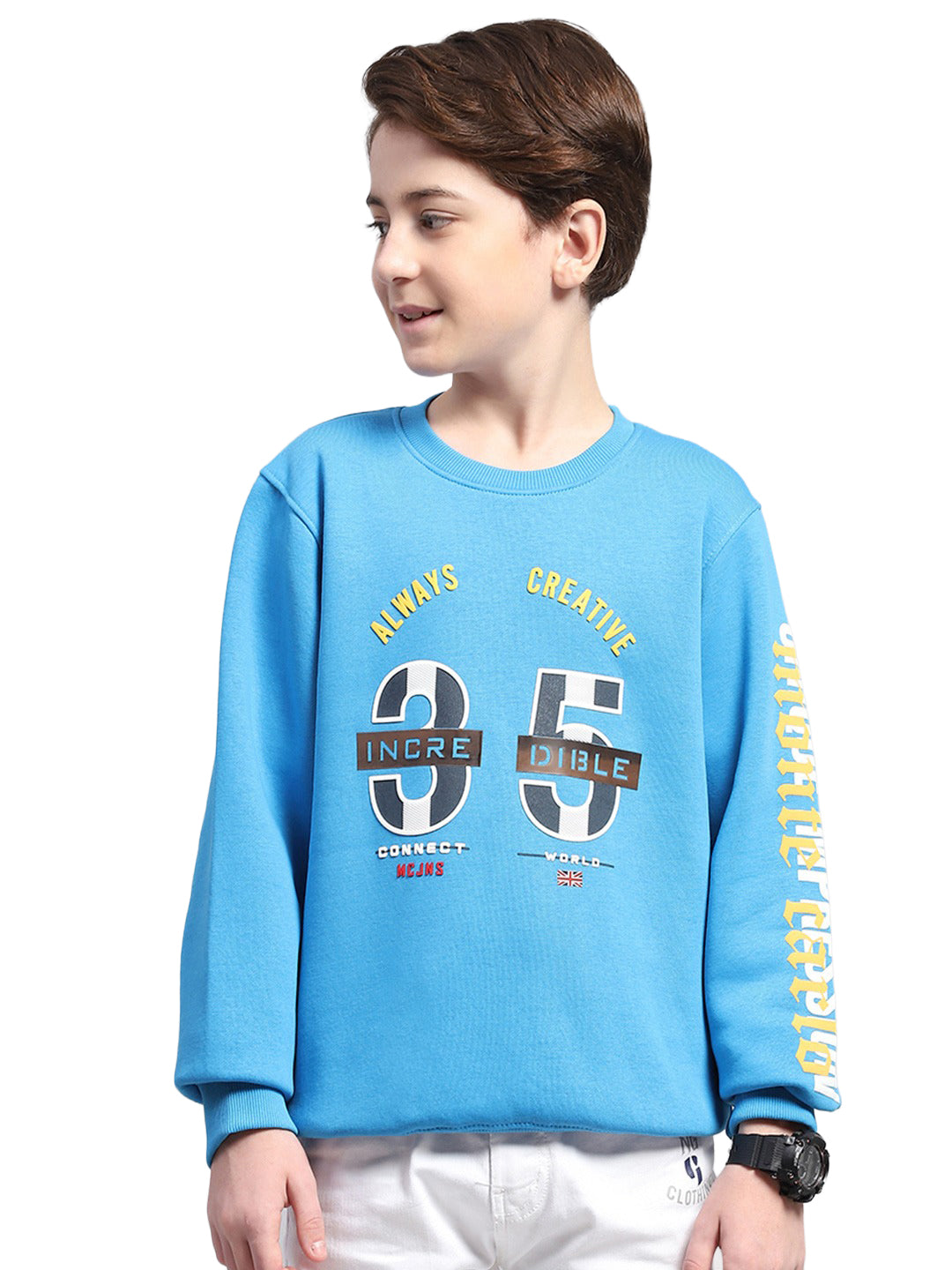 Boys Blue Printed Round Neck Full Sleeve Sweatshirt