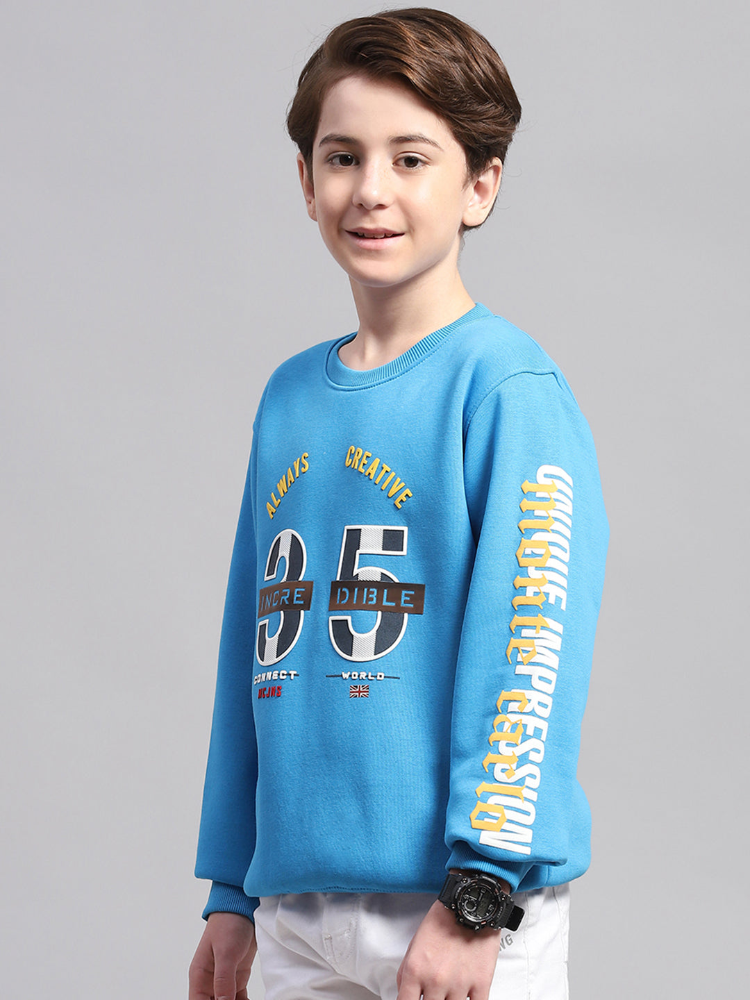 Boys Blue Printed Round Neck Full Sleeve Sweatshirt