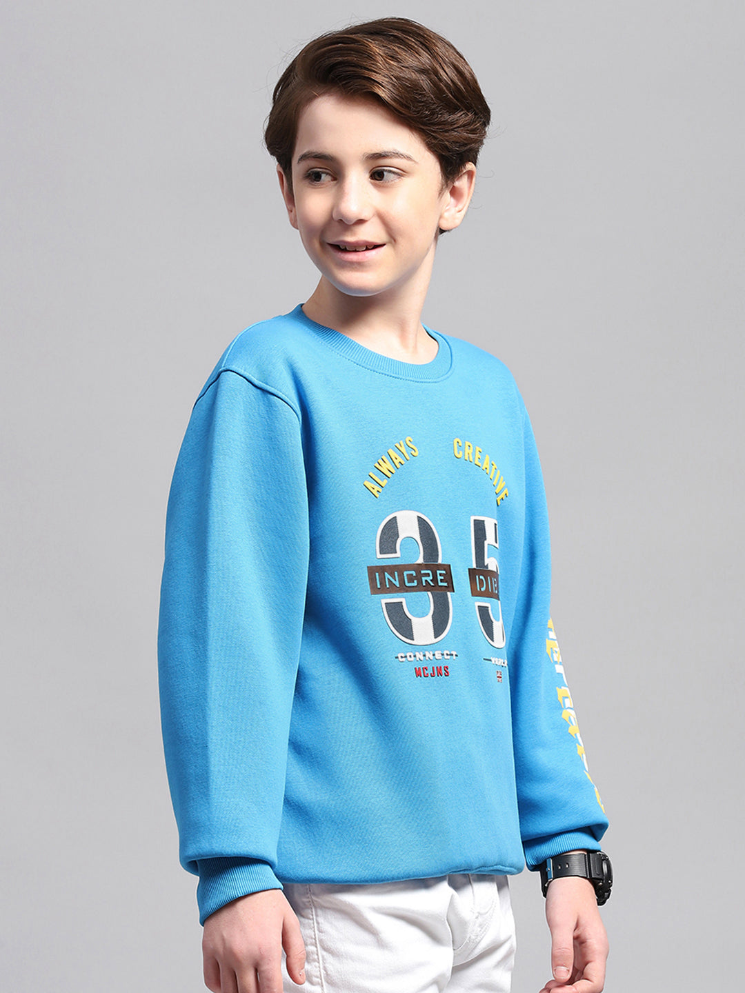 Boys Blue Printed Round Neck Full Sleeve Sweatshirt