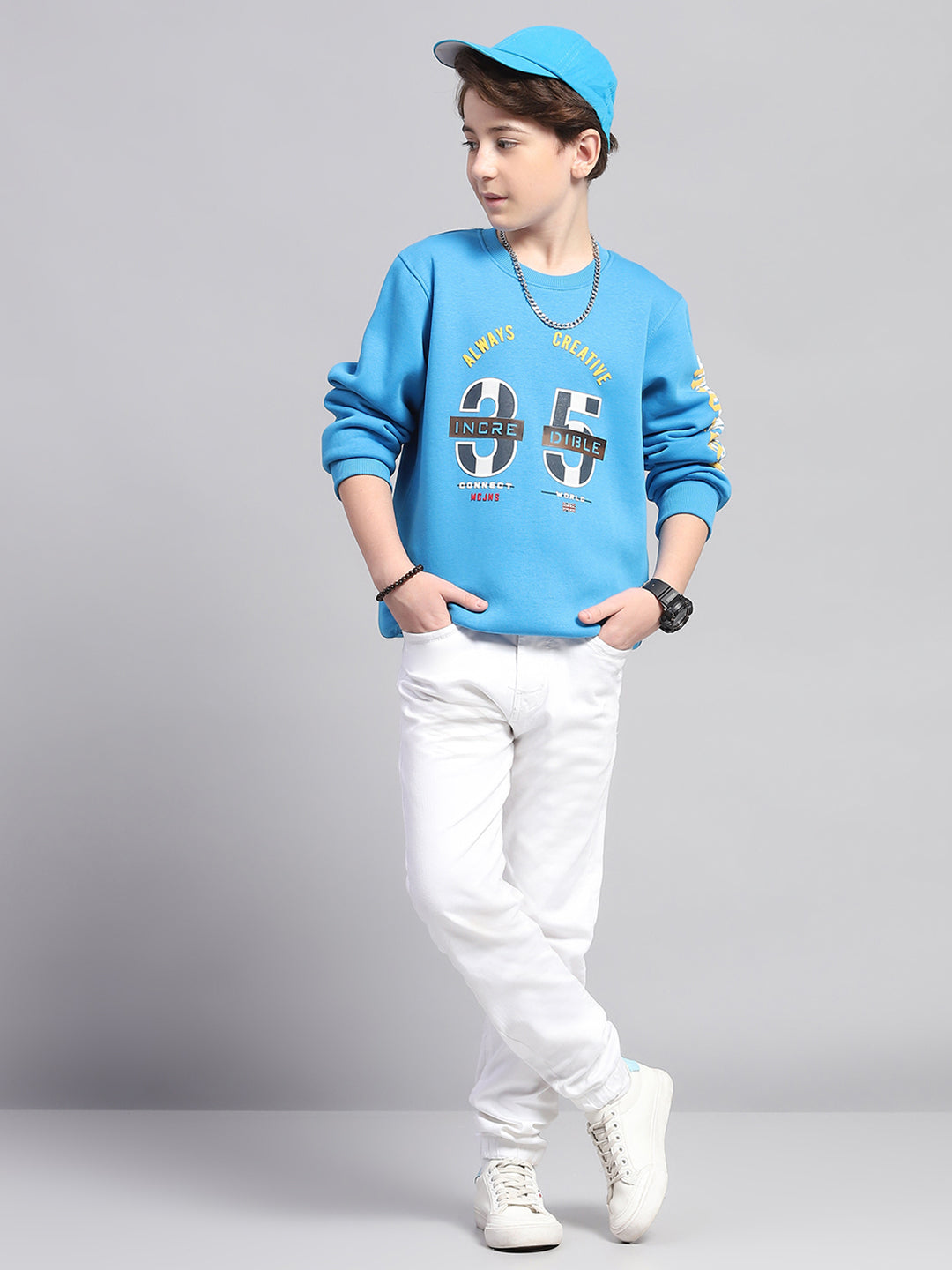Boys Blue Printed Round Neck Full Sleeve Sweatshirt