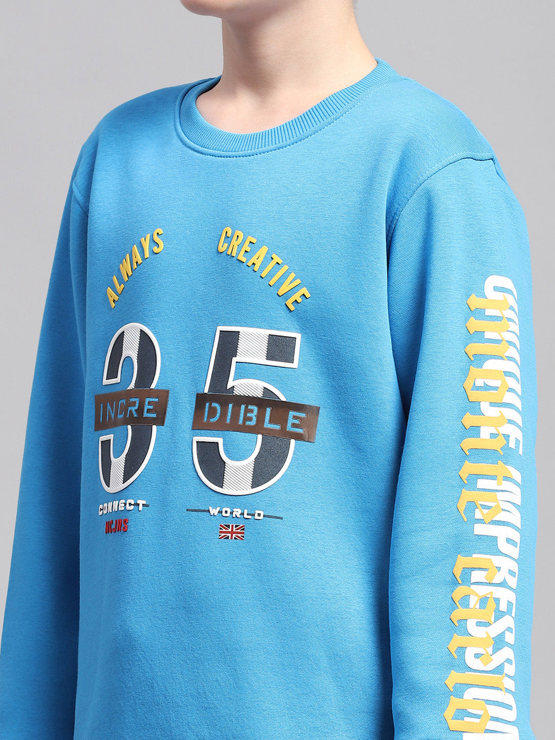 Boys Blue Printed Round Neck Full Sleeve Sweatshirt
