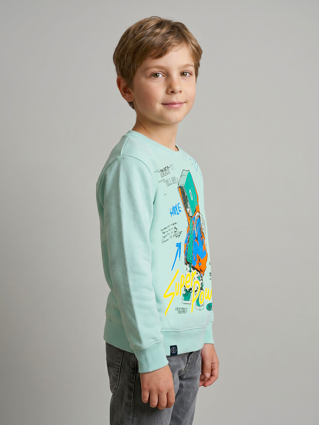 Boys Blue Printed Round Neck Full Sleeve Sweatshirt