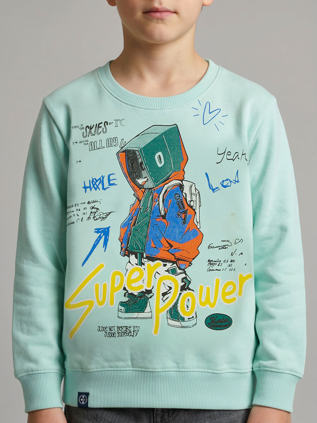 Boys Blue Printed Round Neck Full Sleeve Sweatshirt