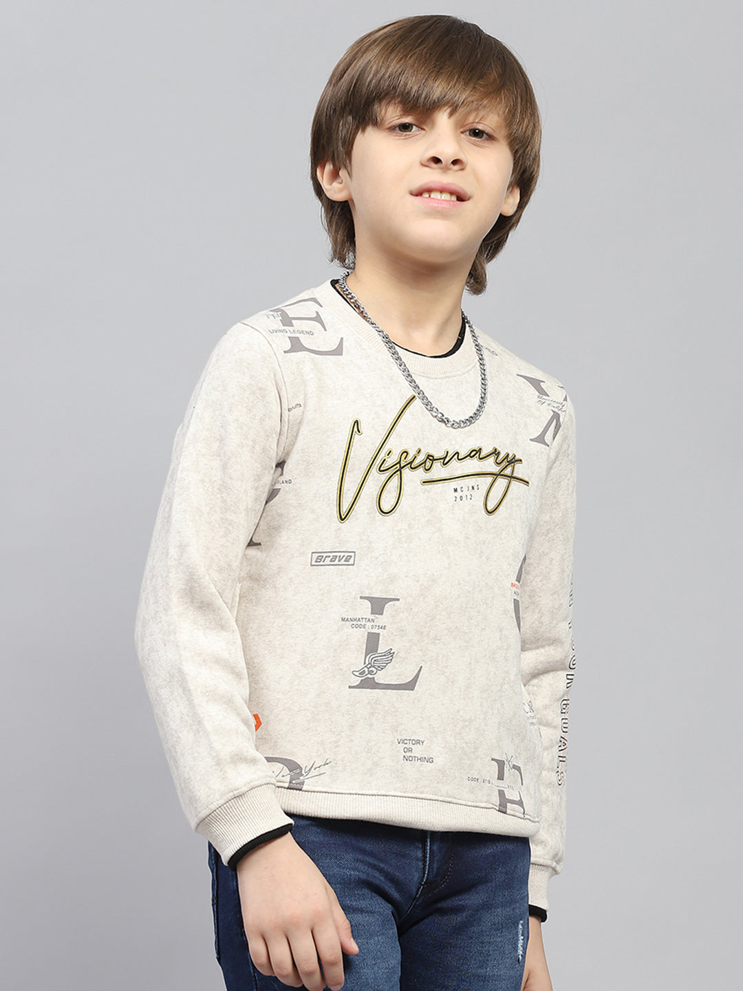 Boys Beige Printed Round Neck Full Sleeve Sweatshirt