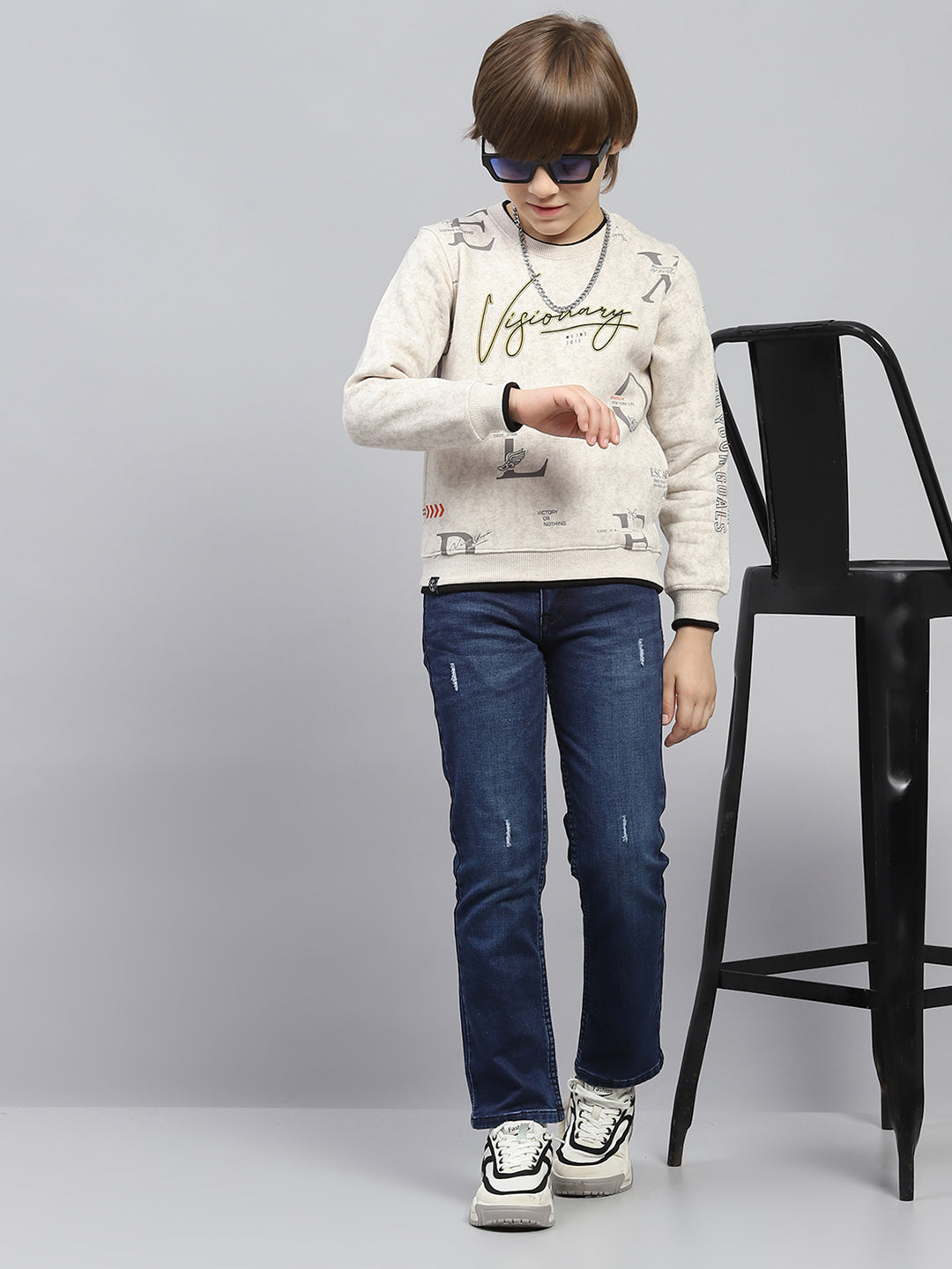 Boys Beige Printed Round Neck Full Sleeve Sweatshirt