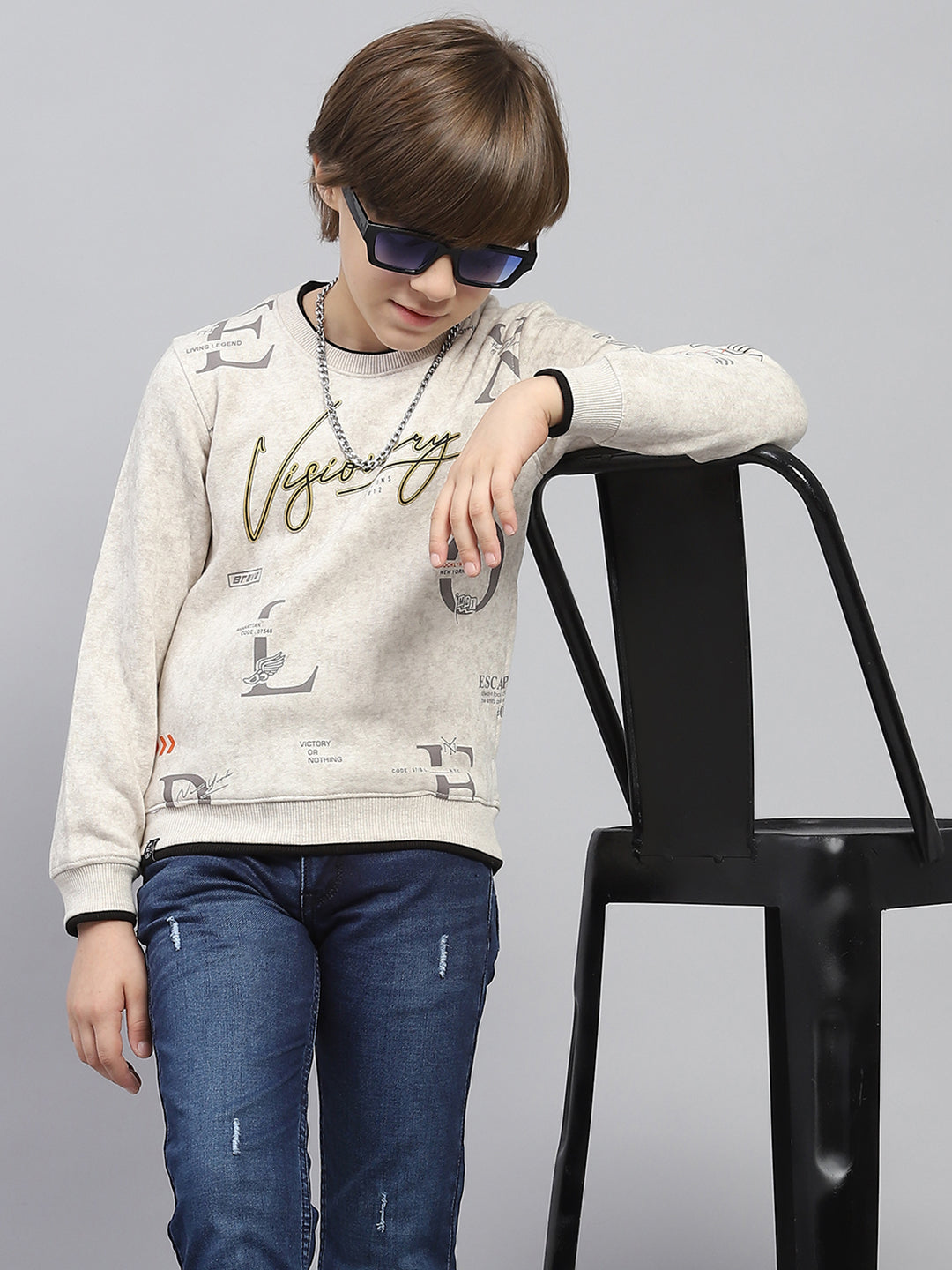 Boys Beige Printed Round Neck Full Sleeve Sweatshirt