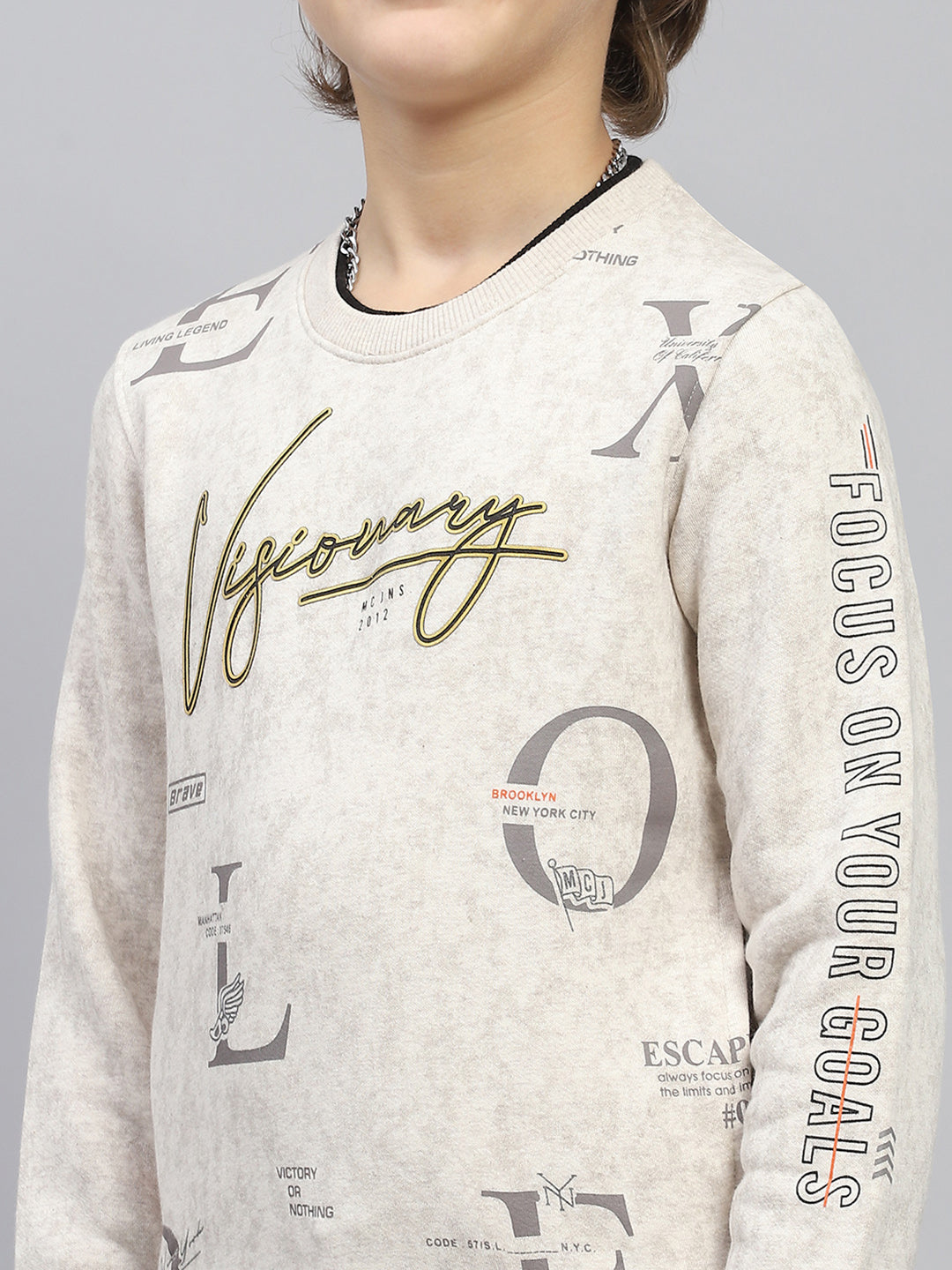 Boys Beige Printed Round Neck Full Sleeve Sweatshirt