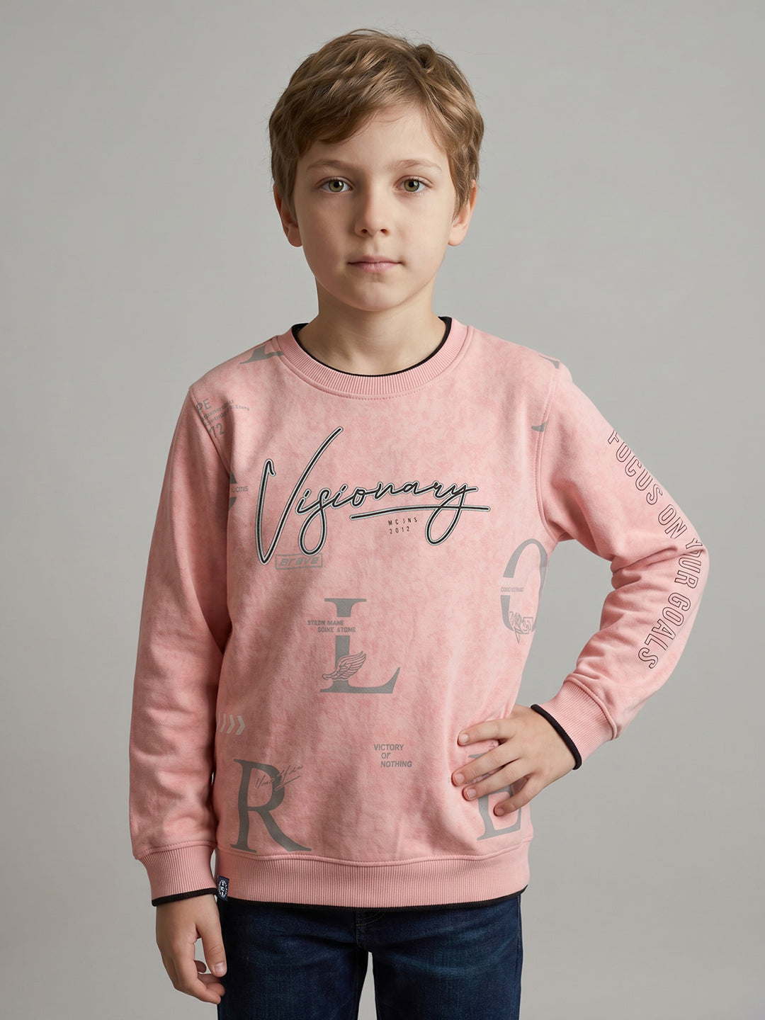 Boys Peach Printed Round Neck Full Sleeve Sweatshirt
