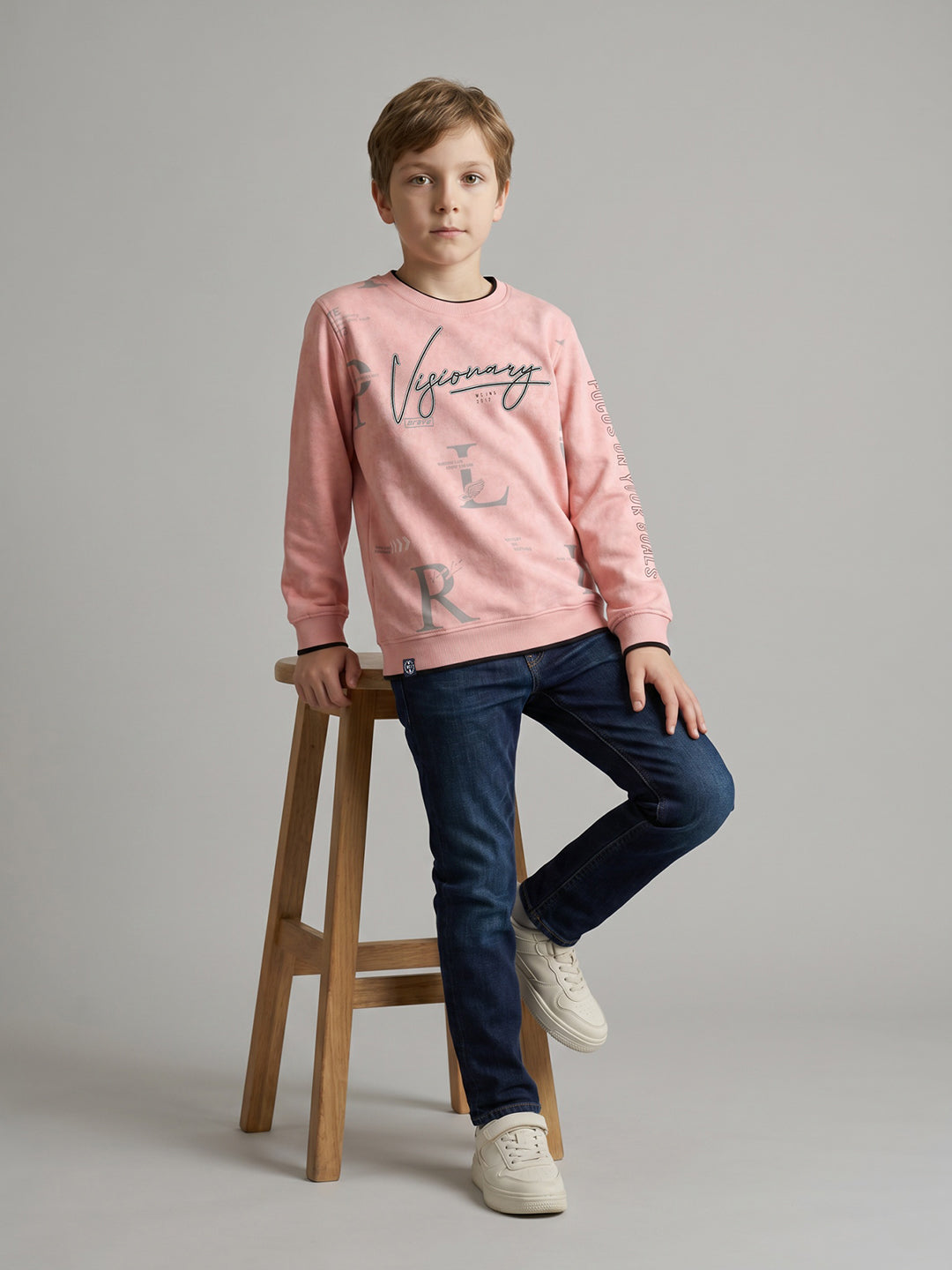 Boys Peach Printed Round Neck Full Sleeve Sweatshirt