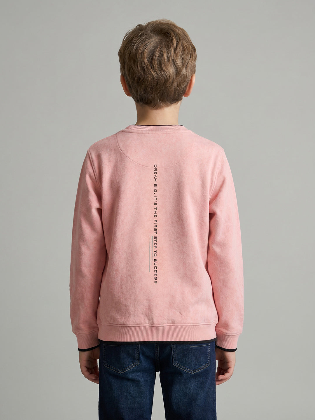Boys Peach Printed Round Neck Full Sleeve Sweatshirt