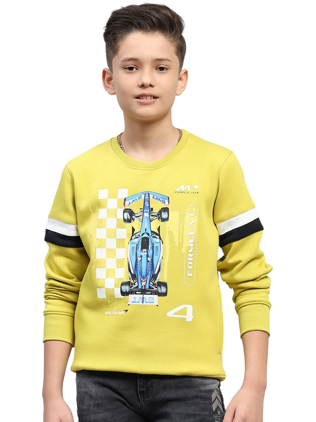 Boys Yellow Printed Round Neck Full Sleeve Sweatshirt