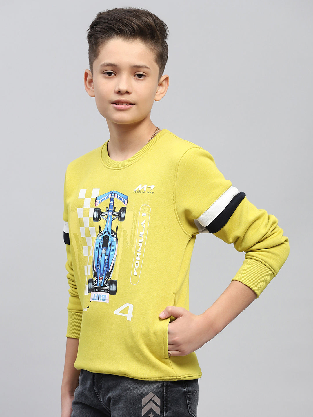 Boys Yellow Printed Round Neck Full Sleeve Sweatshirt