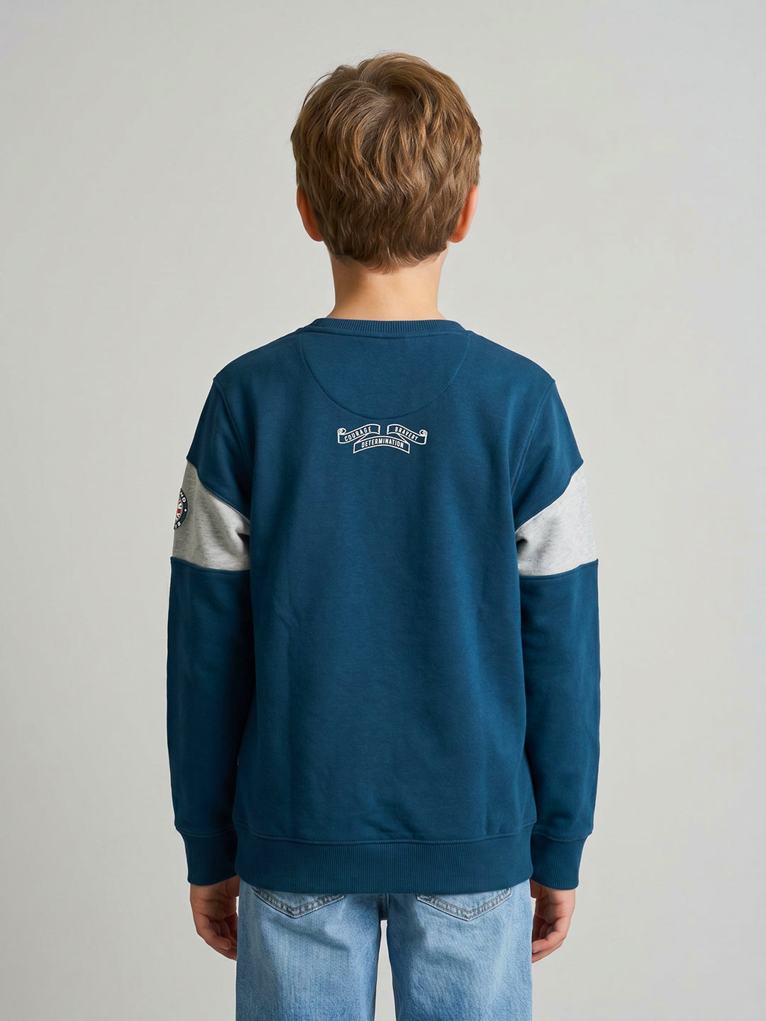 Boys Teal Blue Printed Round Neck Full Sleeve Sweatshirt