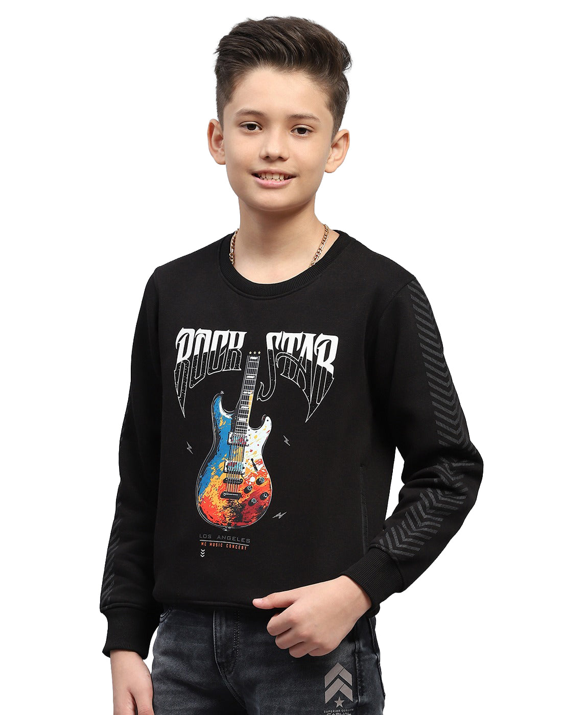 Boys Black Printed Round Neck Full Sleeve Sweatshirt