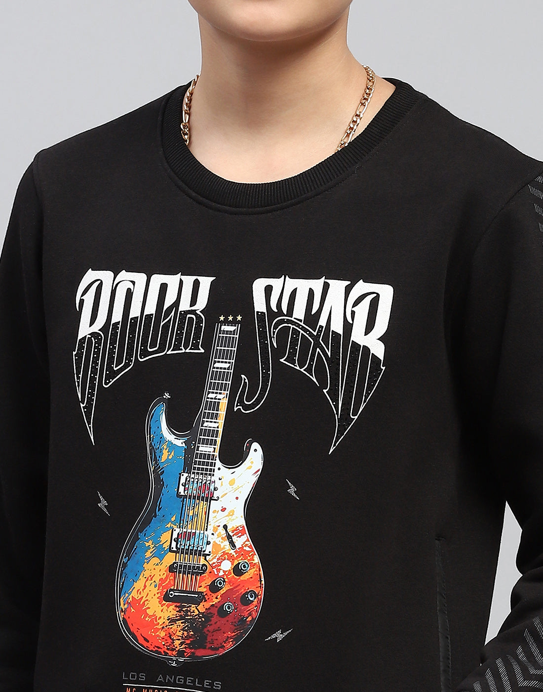 Boys Black Printed Round Neck Full Sleeve Sweatshirt