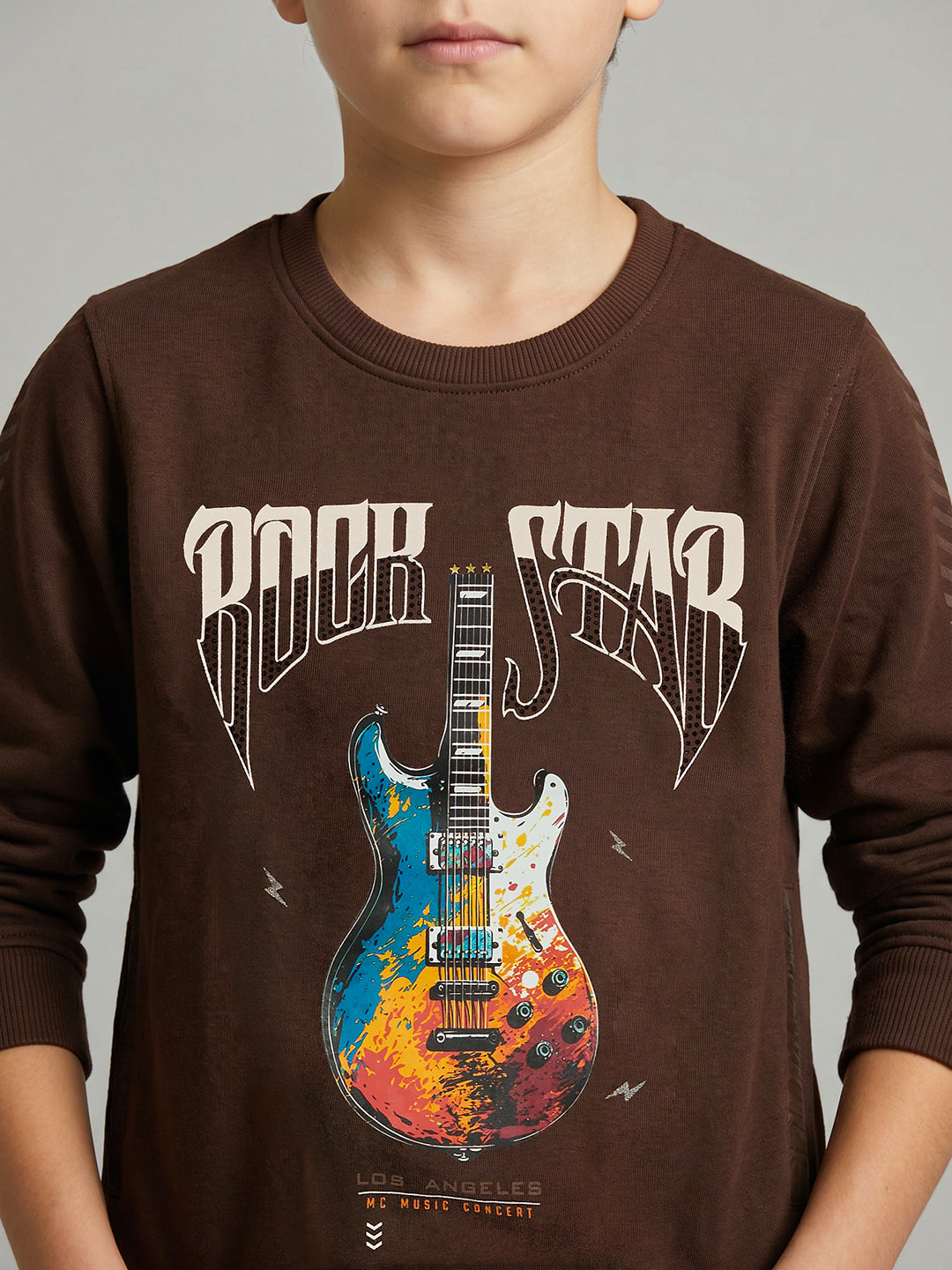 Boys Brown Printed Round Neck Full Sleeve Sweatshirt