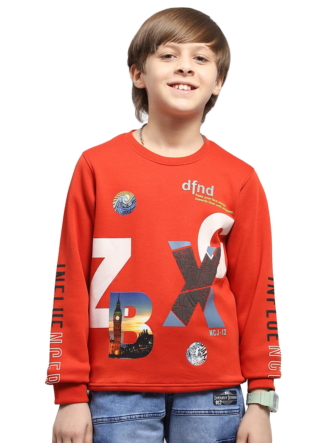 Boys Orange Printed Round Neck Full Sleeve Sweatshirt