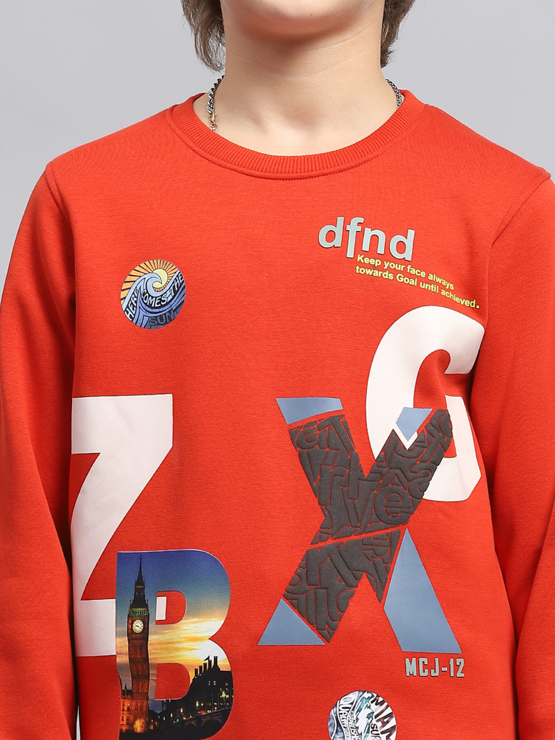 Boys Orange Printed Round Neck Full Sleeve Sweatshirt