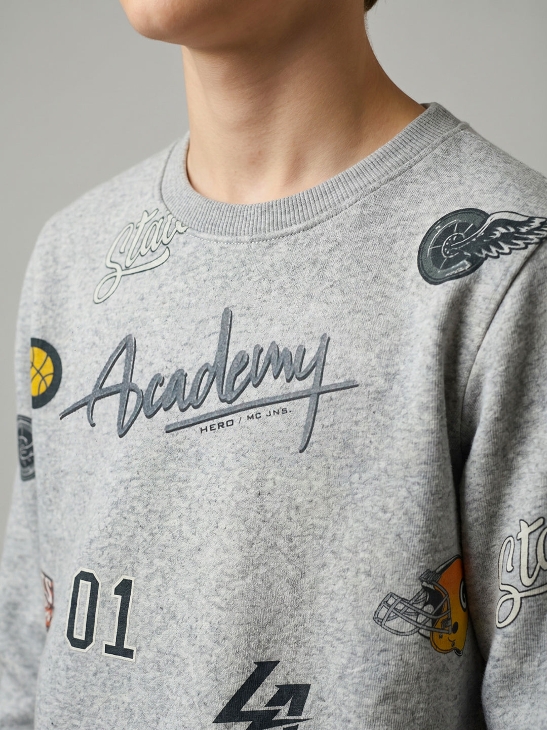 Boys Grey Printed Round Neck Full Sleeve Sweatshirt
