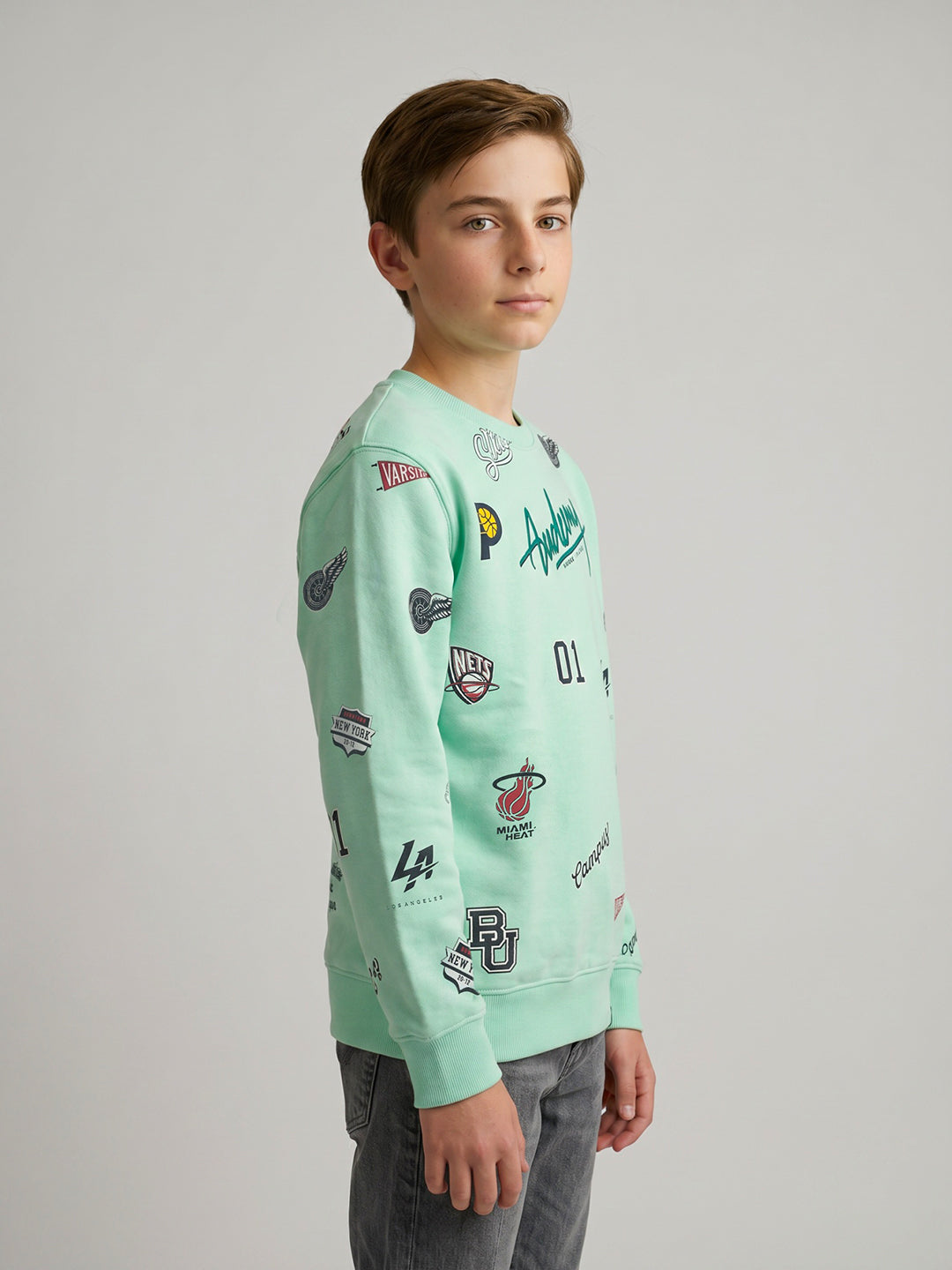 Boys Grey Printed Round Neck Full Sleeve Sweatshirt